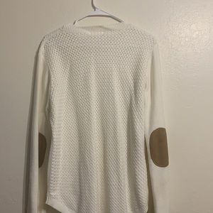August Mist white sweater w/ brown suede patches